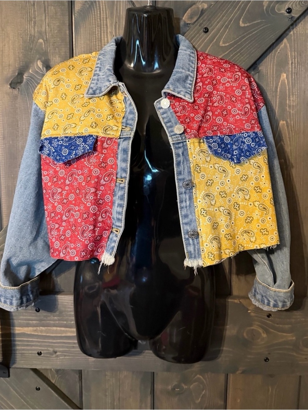 Bandana Patchwork Cropped Denim Jacket - Multicolor